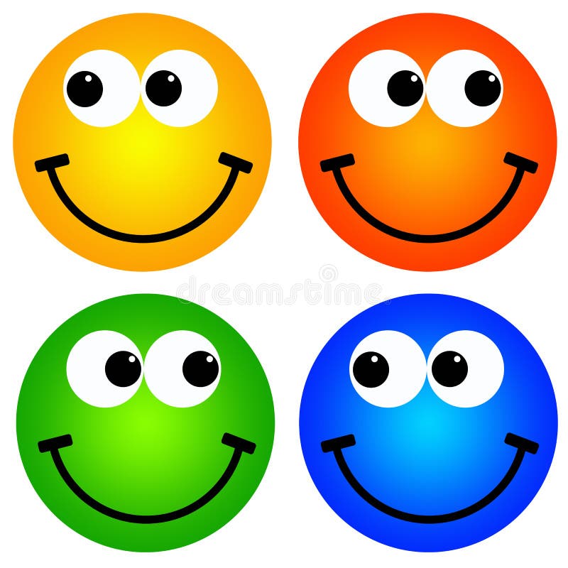 Colorful and happy smileys in yellow, orange, green and blue. Colorful and happy smileys in yellow, orange, green and blue