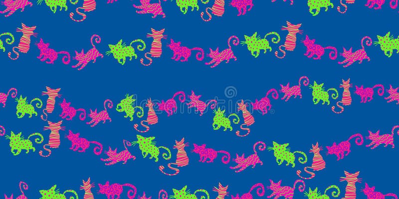 Kolorowy abstrakcyjny kot bezszwowy wzór na niebieskim tle nowoczesne zabawne sylwetki kotów z funky spotów i paski dla dzieci ilustracja wektor