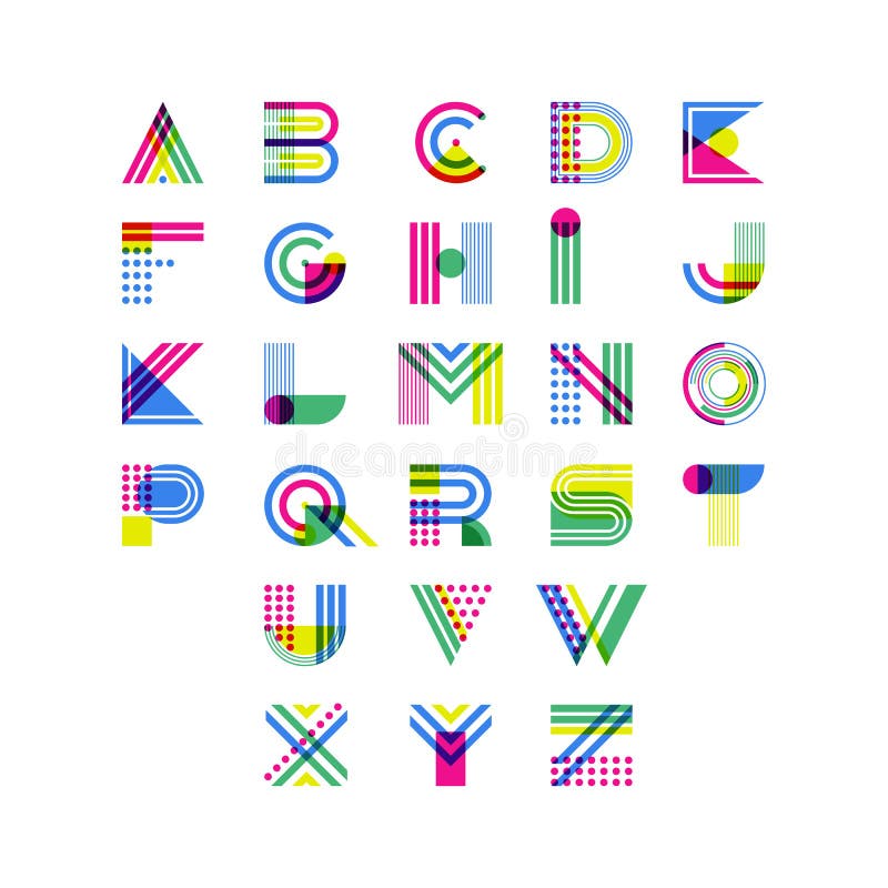 Kolorowy geometryczny abecadło Łacińscy dekoracyjni chrzcielnica symbole wektorowi loga projekta elementy ilustracji