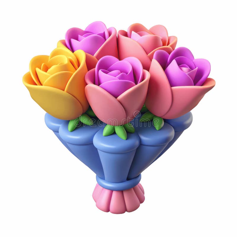 Kolorowy kreskówka Rose Bouquet 3D Render na białym tle ilustracja wektor