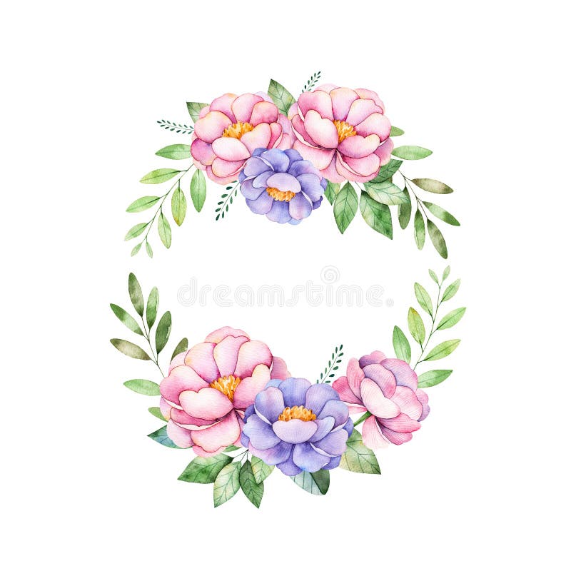 Kolorowy kwiecisty pastelowy wianek z peonią, kwiaty, liście, liście ilustracji