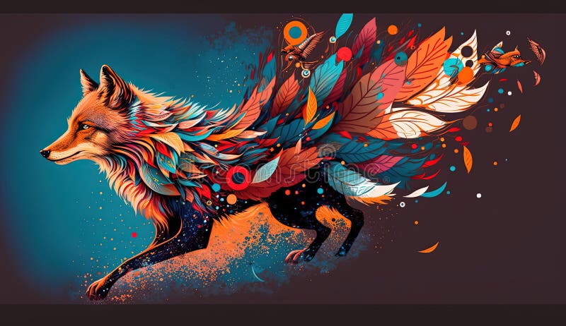 Kolorowy lis w abstrakcyjnym lesie. Ta ilustracja jest generowana z miłością w użyciu różnych oprogramowania cyfrowego i narzędzi do generowania reklam. ilustracja wygenerowana przez ai. ta żywa ilustracja przedstawia majestatycznego i kolorowego lisa otoczonego lasem abstrakcyjnych kształtów i kolorów. lis jest punktem ogniskowym z przenikającymi oczyma i majestatyczną postawą, zachęcającą widza do poznania tajemniczego i zaczarowanego świata, w którym mieszka.