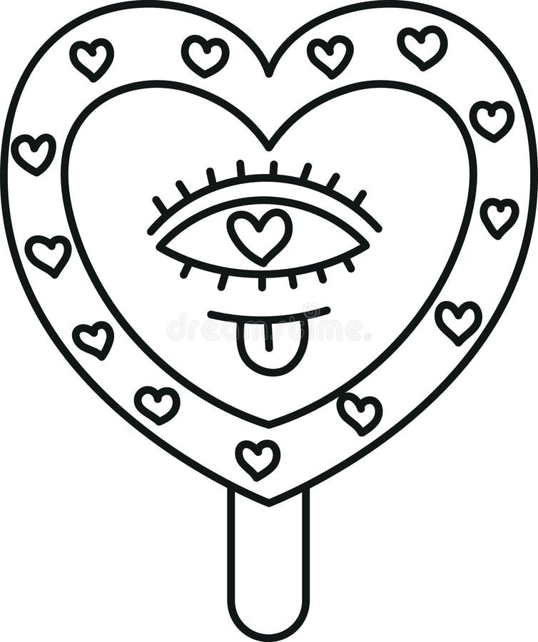 Groovy lody, groovy boho lizak w stylu liniowym. Kolorowy lizak w kształcie serca z okiem i zabawnym wzorem ilustracja wektor