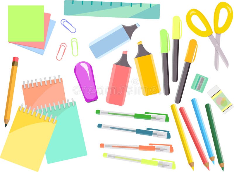 Kolorowy materiały set, rzeczy dla szkoły i biuro, ilustracji Kolorowy materiały set, rzeczy dla szkoły i biuro, ilustracji