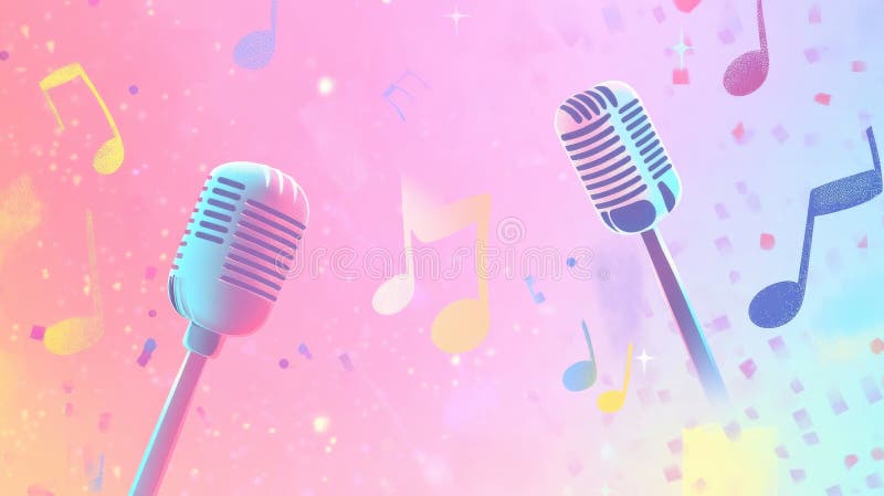 Kolorowy minimalista K pop inspired tło z mikrofonami i nutami muzycznymi w tętniącej życiem atmosferze. Generatywny zdjęcie stock