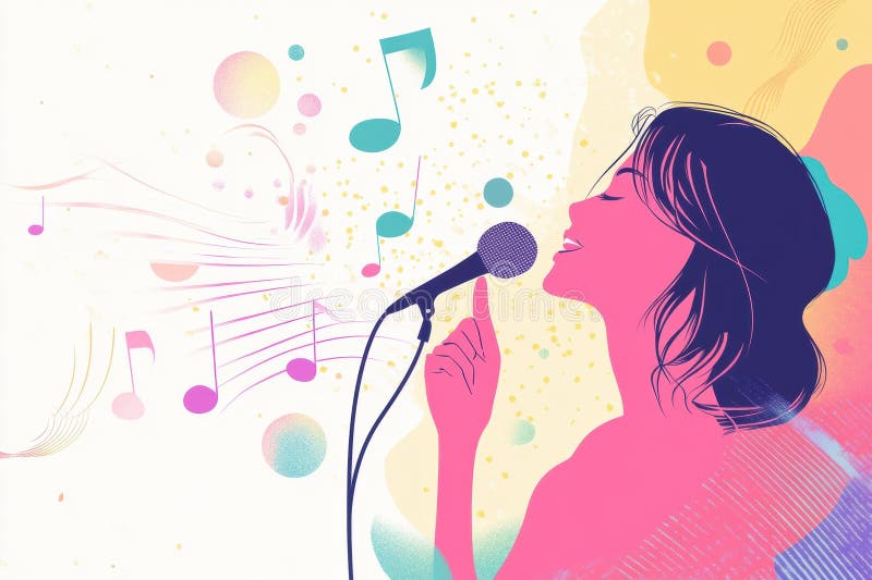 Kolorowy minimalista K pop inspired tło z nutami muzycznymi i mikrofonem prezentującym piosenkarza w żywym stylu obraz royalty free