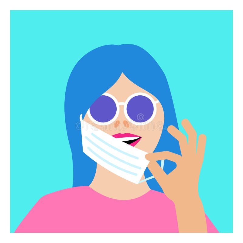 Colorful portrait of smilling woman with round glasses. Girl taking off medical protective mask on turquoise n neon blue background. Coronavirus pandemic. Quarantine. Vector Flat Illustration. Colorful portrait of smilling woman with round glasses. Girl taking off medical protective mask on turquoise n neon blue background. Coronavirus pandemic. Quarantine. Vector Flat Illustration