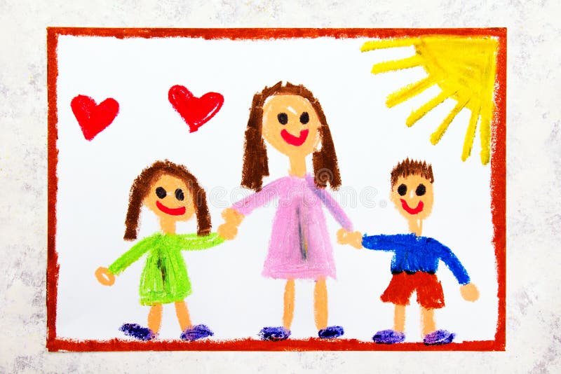 Kolorowy rysunek: Pojedynczy wychowywać Uśmiechnięta rodzina z matką i jej dwa dzieciakami