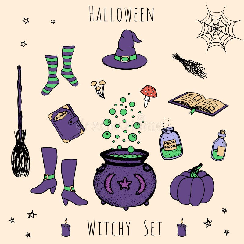 Kolorowy set wektorowi Halloween elementy Zawiera napoje miłosnych, buteleczki, ziele, książki, pieczarki, kocioł ilustracji Kolorowy set wektorowi Halloween elementy Zawiera napoje miłosnych, buteleczki, ziele, książki, pieczarki, kocioł ilustracji