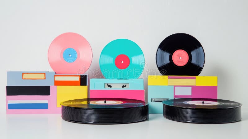 Kolorowy stos płyt winylowych i kaset retro inspirowanych wzorami K pop, wyświetlanych twórczo w nowoczesnym środowisku zdjęcie stock