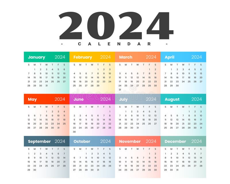 Kolorowy szablon kalendarza rocznego na rok 2024 porządkuj dzień po dniu ilustracji