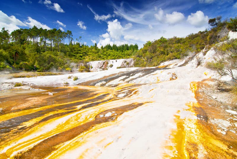 Kolorowy taras krzemionkowy utworzony przez gorące algi wodne rosnące w obszarze geotermalnym Orakei Korako The Hidden Valley, No