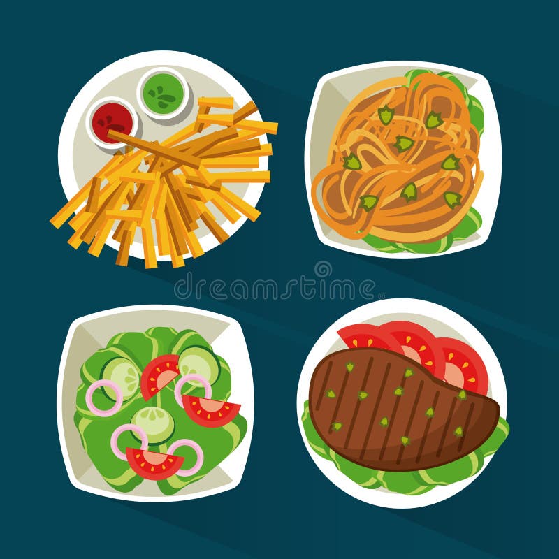 Kolorowy tło z naczyń foods z mięsem, makaron, sałatka i dłoniaki royalty ilustracja Kolorowy tło z naczyń foods z mięsem, makaron, sałatka i dłoniaki royalty ilustracja