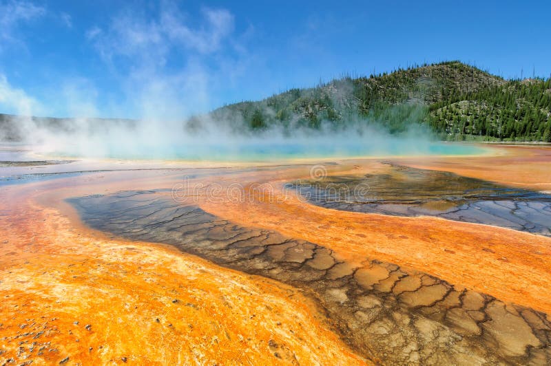 Kolorowy Uroczysta Graniastosłupowa wiosna w Yellowstone, Wyoming zdjęcia royalty free Kolorowy Uroczysta Graniastosłupowa wiosna w Yellowstone, Wyoming zdjęcia royalty free