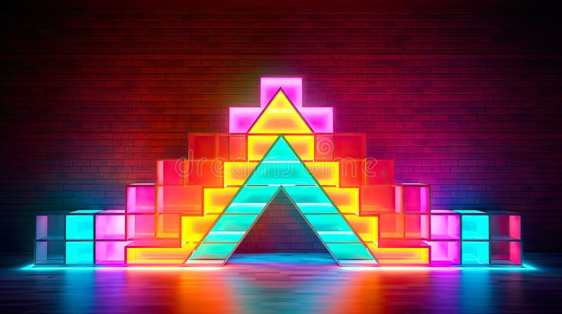 Kolorowy zestaw neonowych bloków na tle luksusowej geometrii ściany z cegły. ai generacyjne ilustracji