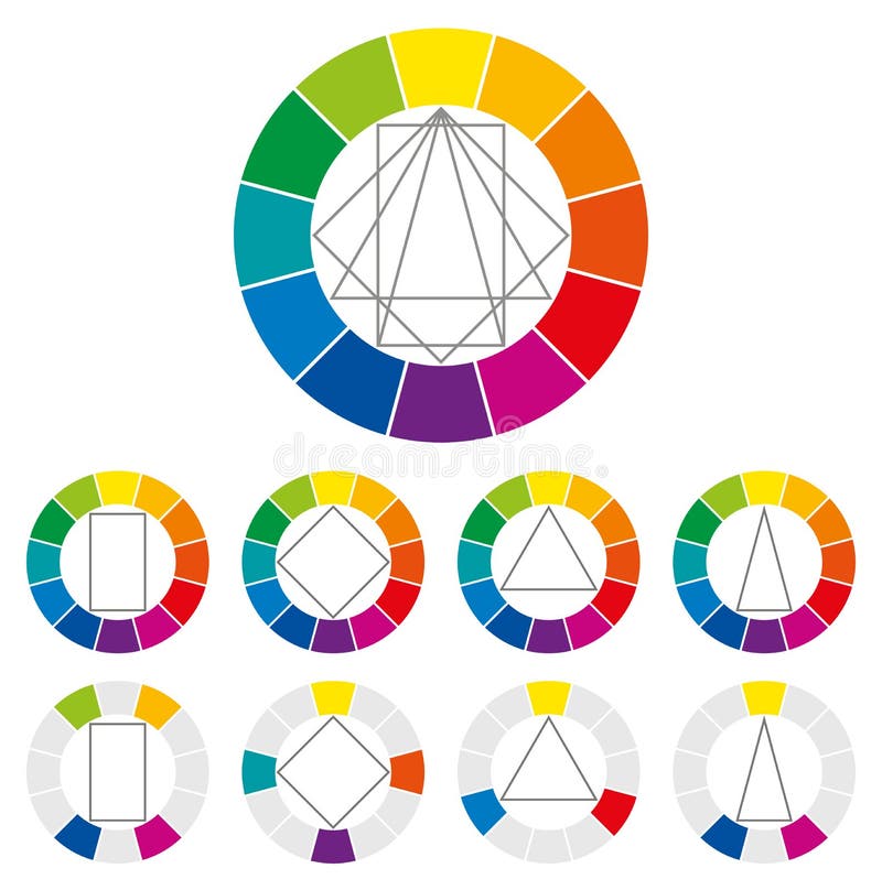 Color wheel with four different geometric forms that can be turned around in the circle to show many possible harmonic combinations of colors in art and for paintings. Color theory. Illustration. Color wheel with four different geometric forms that can be turned around in the circle to show many possible harmonic combinations of colors in art and for paintings. Color theory. Illustration.