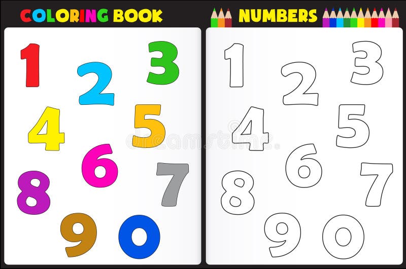 Coloring book page for kids with colorful numbers and sketches to color. Coloring book page for kids with colorful numbers and sketches to color