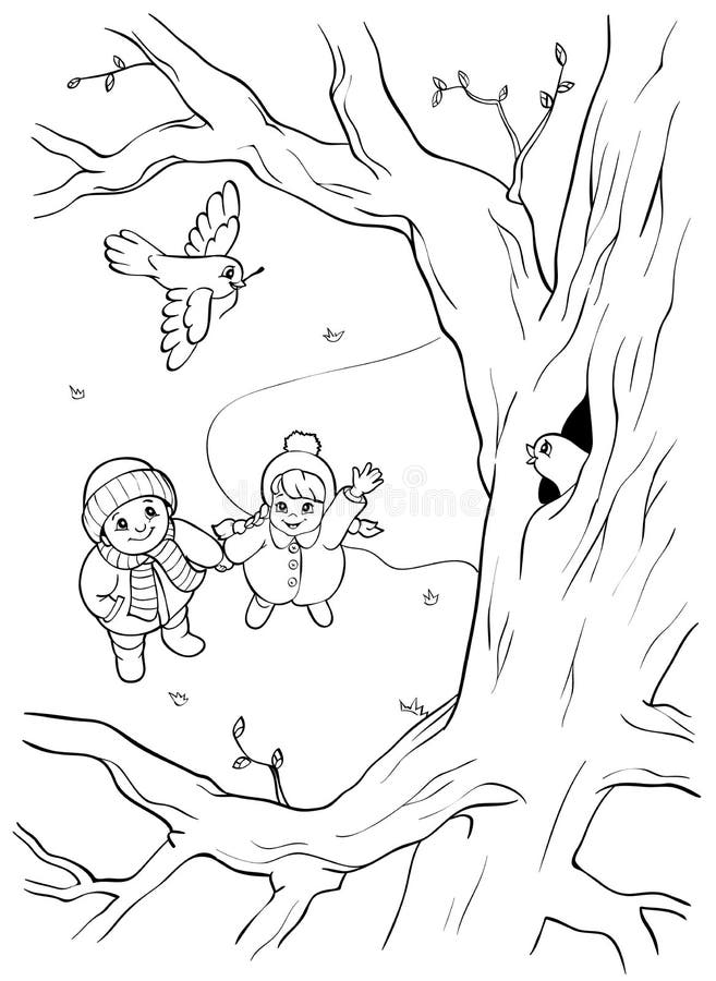 Kolorystyki strona lub książka Dziki ptak na drzewie i dwa dzieciach Wiosna ilustracji Kolorystyki strona lub książka Dziki ptak na drzewie i dwa dzieciach Wiosna ilustracji