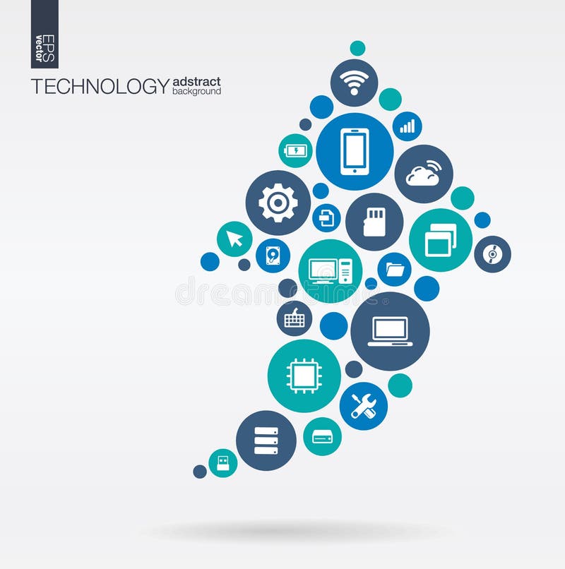 Kolorów okręgi, płaskie ikony w strzała up kształcie: technologia, chmura oblicza, cyfrowy pojęcie royalty ilustracja