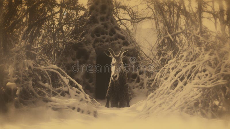 Kolossalt giraffemmonster i snöstorm : psykodelisk surrealist liggande. En man som är klädd som en älv går genom en snöfylld skog i detta typfotografi. De barocka djuren som inspirerats av dopingkonsten ger en unik beröring till scenen. Sepiatonin förstärker kräkningen medan cykloramabilden skapar en aktiv atmosfär. den hyperdetaljerade skildringen av djur ger bilden liv. ai genererad