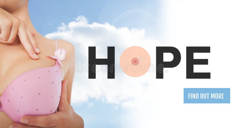 Digital composite of Find out more button with Hope text on Breast cancer woman with sky clouds background checking in br. Digital composite of Find out more button with Hope text on Breast cancer woman with sky clouds background checking in br