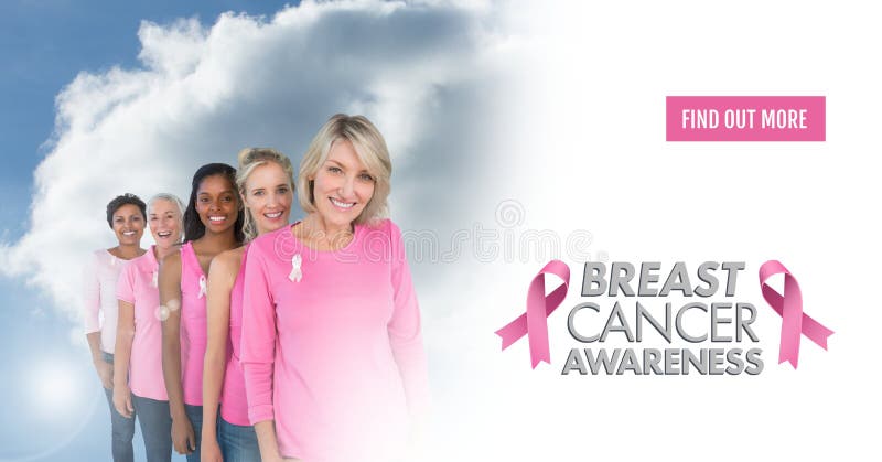 Digital composite of Find out more button with Text of Breast cancer awareness women with sky clouds background. Digital composite of Find out more button with Text of Breast cancer awareness women with sky clouds background