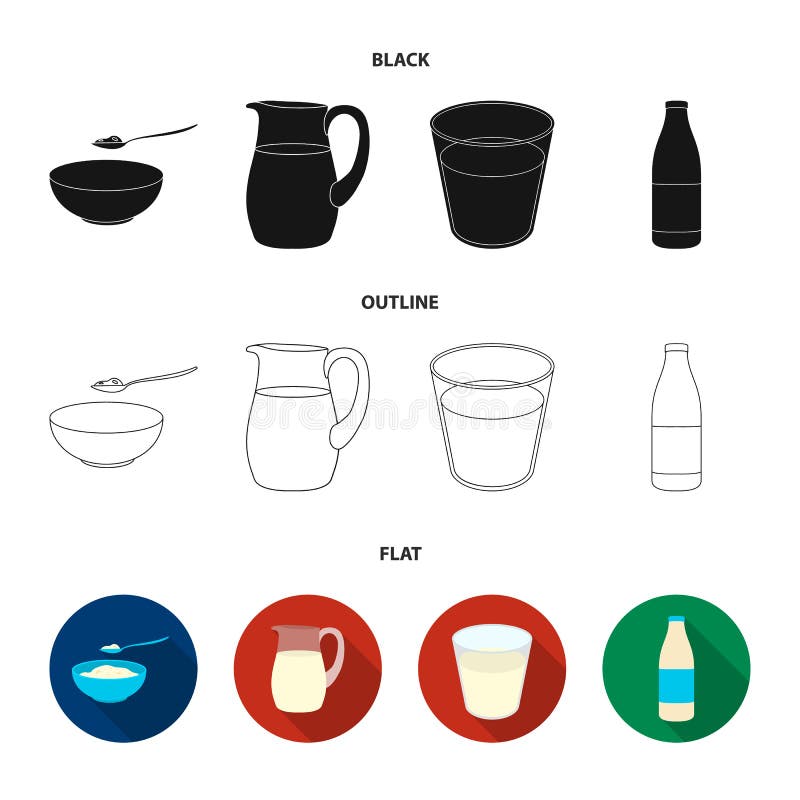 Kom van kwark, een glas, een fles kefir, een kruik Pictogrammen van de Moloko de vastgestelde inzameling in zwarte, vlak, overzic vector illustratie Kom van kwark, een glas, een fles kefir, een kruik Pictogrammen van de Moloko de vastgestelde inzameling in zwarte, vlak, overzic vector illustratie