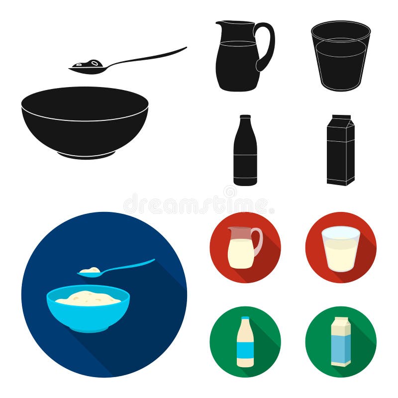 Kom van kwark, een glas, een fles kefir, een kruik Pictogrammen van de Moloko de vastgestelde inzameling in zwarte, vlakke stijlv stock illustratie Kom van kwark, een glas, een fles kefir, een kruik Pictogrammen van de Moloko de vastgestelde inzameling in zwarte, vlakke stijlv stock illustratie