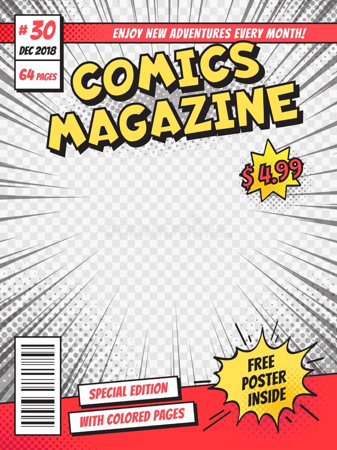 Komiks pokrywa Komiczki rezerwują tytułową stronę, śmieszny magazyn odizolowywający bohatera wektorowy szablon