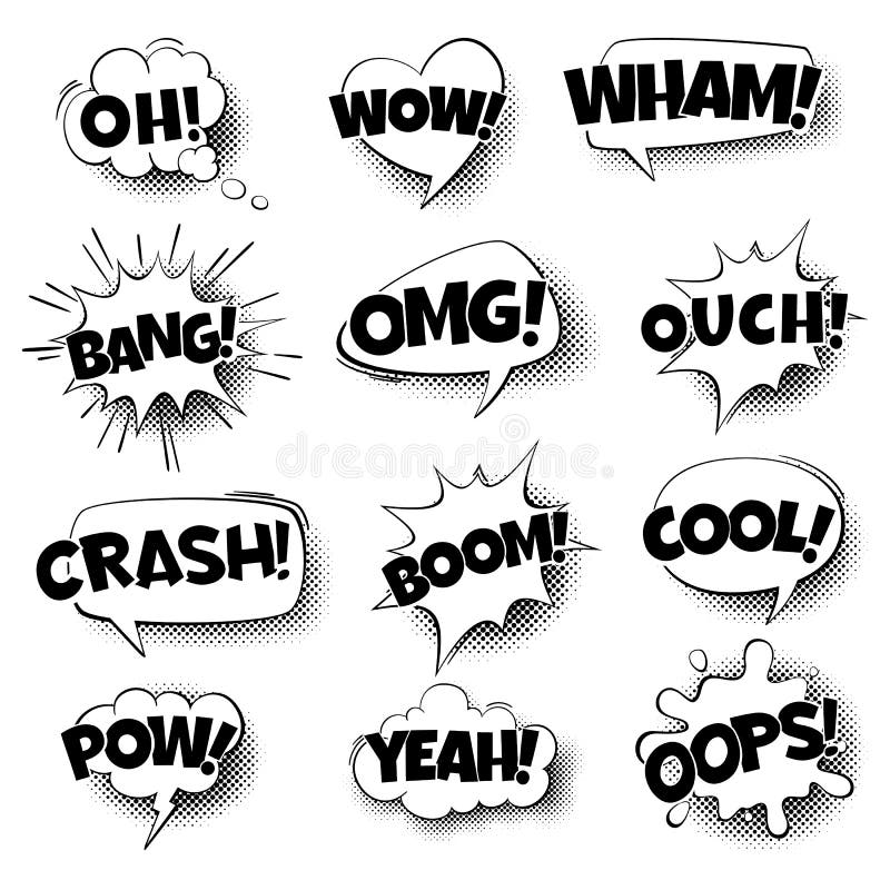 Pop art comic speech bubbles. Retro cartoon talking shapes, comic text in black and white colors, communication sound effect halftone dot background. Vector isolated illustration in vintage style. Pop art comic speech bubbles. Retro cartoon talking shapes, comic text in black and white colors, communication sound effect halftone dot background. Vector isolated illustration in vintage style