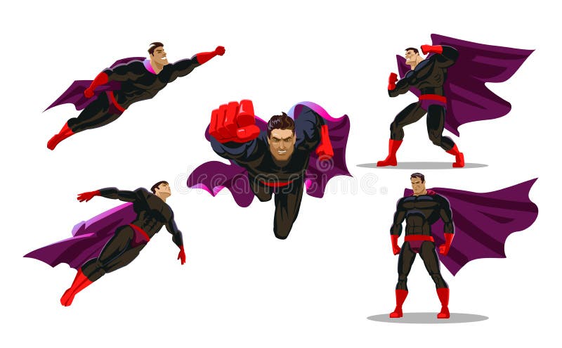Comic superhero actions in different poses. Male super hero vector cartoon characters. Vector illustration. Set or collection of heroic cartoon character. Comic superhero actions in different poses. Male super hero vector cartoon characters. Vector illustration. Set or collection of heroic cartoon character.
