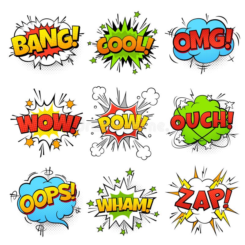 Komische Wörter Karikaturspracheblase mit zap Kriegsgefangen wtf Boomtext Comicspop-arten-Ballon-Vektorsatz