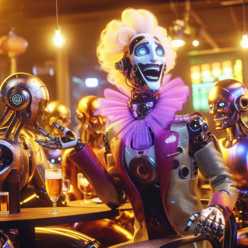 Komisk, glad futuristisk robot i en bar royaltyfri illustrationer