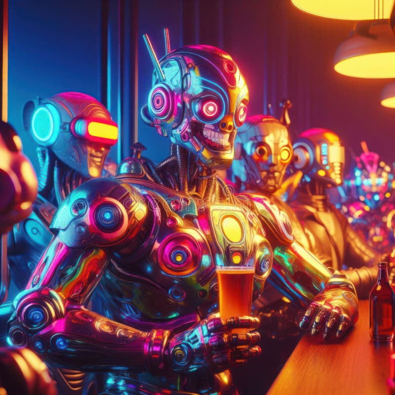 Komisk, glad futuristisk robot i en bar stock illustrationer