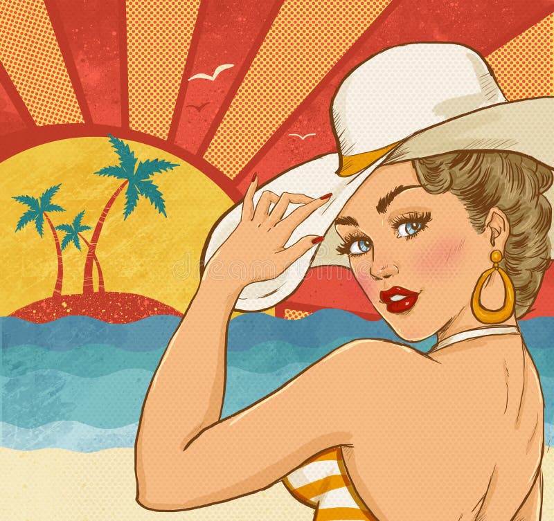 Komisk illustration av flickan på stranden Flicka för popkonst Etikett för tetidtappning Hollywood filmstjärna Tappningadvertizin royaltyfri illustrationer Komisk illustration av flickan på stranden Flicka för popkonst Etikett för tetidtappning Hollywood filmstjärna Tappningadvertizin royaltyfri illustrationer