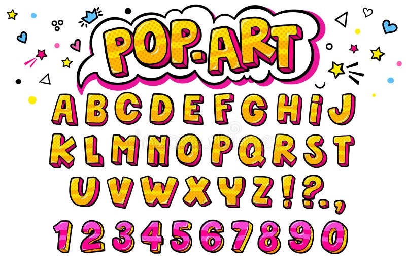 Komisk retro bokstavsuppsättning Alfabetbokstäver och nummer i stil av komiker