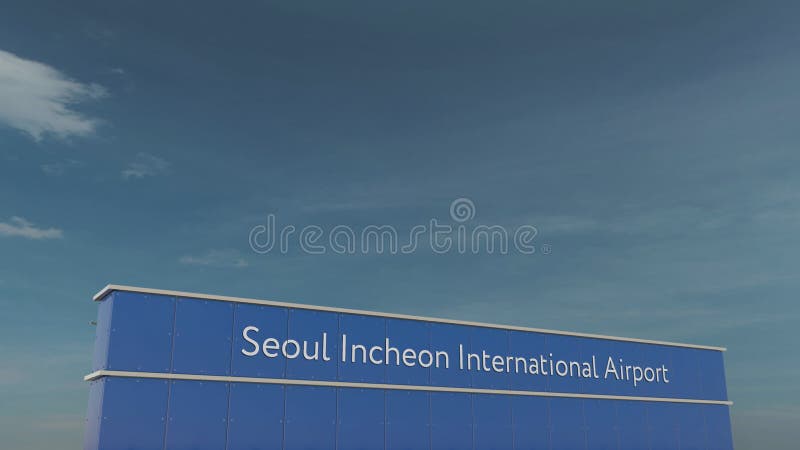 Kommersiell flygplanlandning på begreppsmässiga animeringen 4K för Seoul Incheon den internationella flygplats 3D