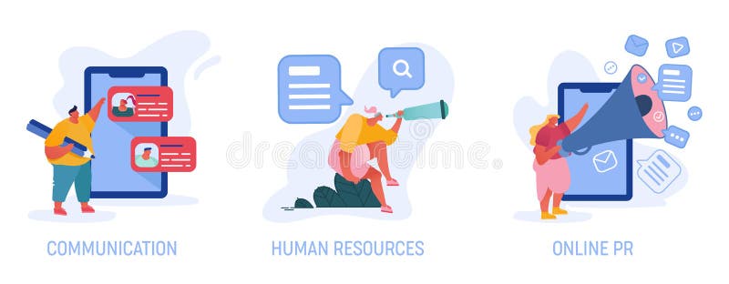 Kommunikation, Humanressourcen, Online-PRR-Satz isoliert auf weißem Hintergrund Menschen, die Gadgets und intelligente Technologi