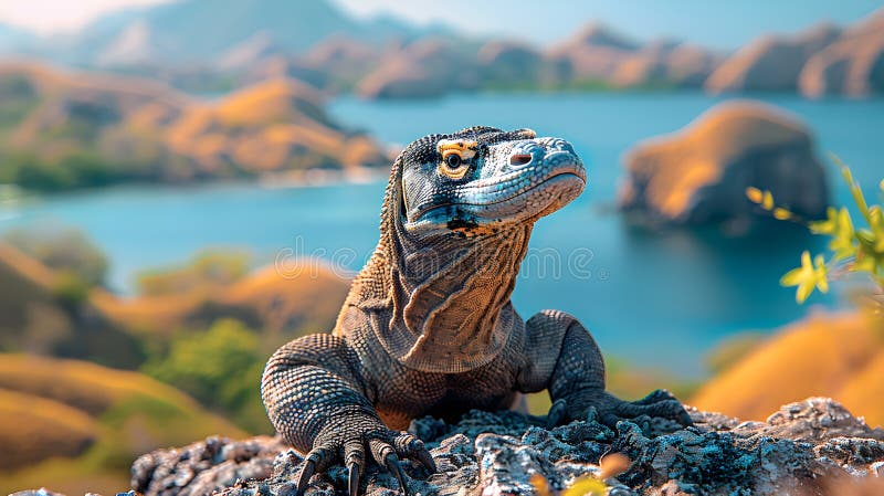 Komodo dragon pozand pe stâncă afloriment cu fundal de coastă stock illustration