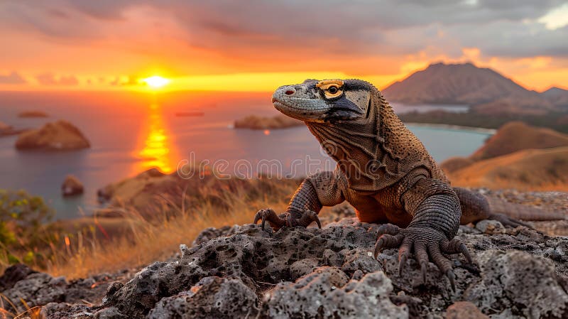 Komodo dragon rocky outcrop la apus royalty free illustration