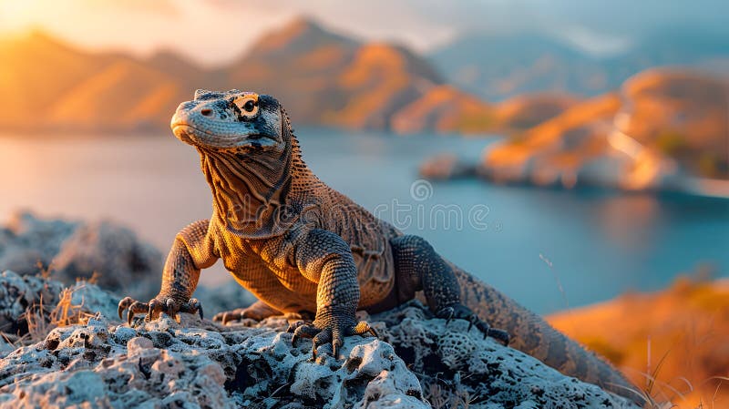 Komodo dragon stâncă outcrop cu fundal de coastă stock illustration