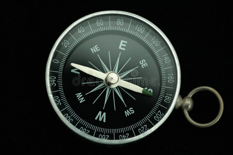 A single compass on black background with the pointer point to the south direction. A single compass on black background with the pointer point to the south direction.