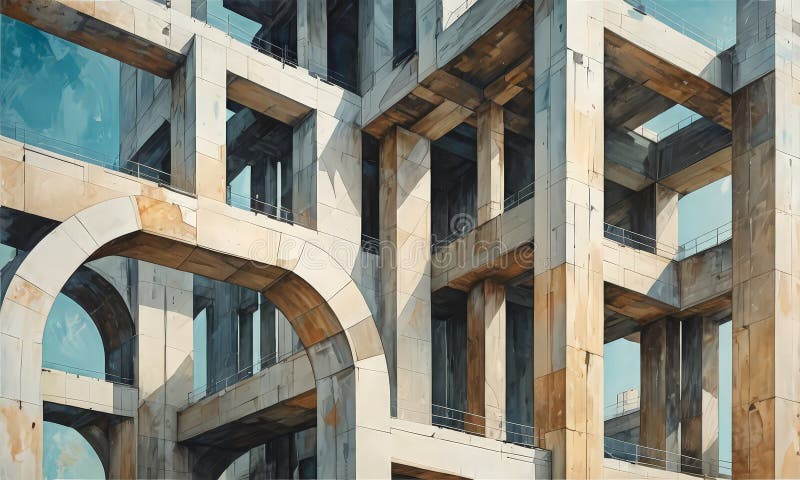 Komplexe Betonstruktur mit gewölbten Öffnungen und Säulen, die geometrisch und abstrakt architektonisch stock abbildung