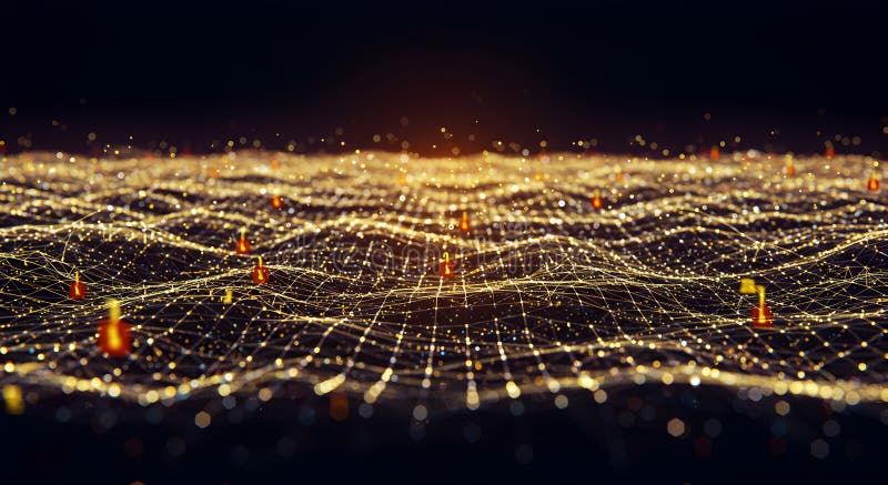 Komplexes goldenes Netzwerk miteinander verbundener Datenpunkte, die digitale Landschaft bilden lizenzfreie abbildung