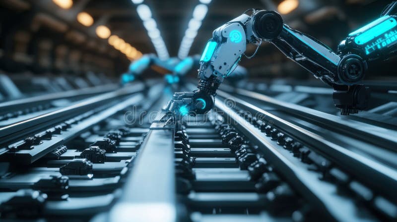 Komponenter för montering av robotiska vapen i en högteknologisk industrifabrik. AI och automatisering royaltyfri fotografi