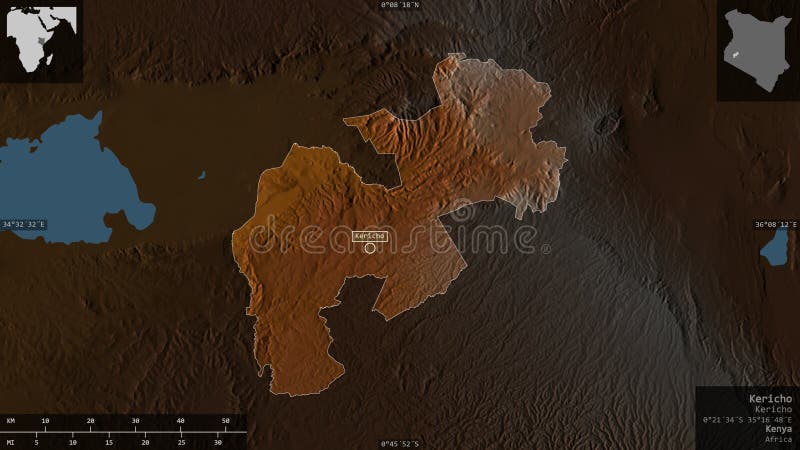 Kompozycja kericho kenya. ulga. Hrabstwo kericho. kolorowe ulgi z jeziorami i rzekami. ukształtowanie ukształtowane na obszarze kraju z nakładkami informacyjnymi 3d renderowanie