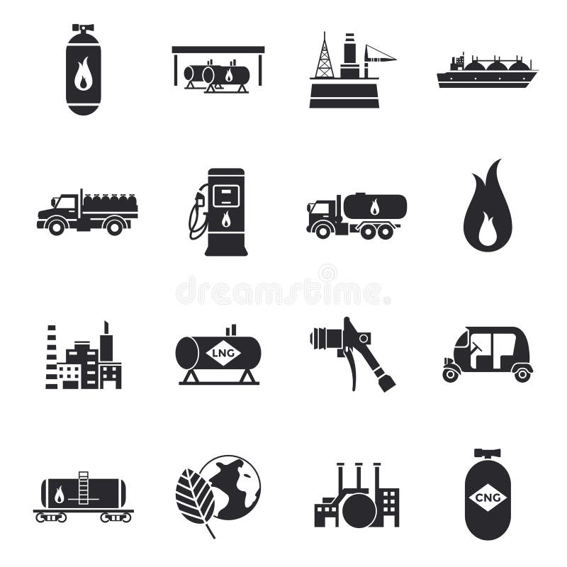 Compressed and liquid natural gas icons with truck factory station cylinder tank flammable sign vector illustration. Compressed and liquid natural gas icons with truck factory station cylinder tank flammable sign vector illustration