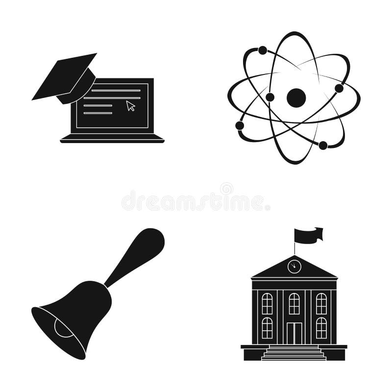 Komputer, nakrętka, atom, jądro, dzwon, uniwersytecki budynek Uczy kogoś ustalone inkasowe ikony w czerń stylu symbolu wektorowym ilustracji Komputer, nakrętka, atom, jądro, dzwon, uniwersytecki budynek Uczy kogoś ustalone inkasowe ikony w czerń stylu symbolu wektorowym ilustracji