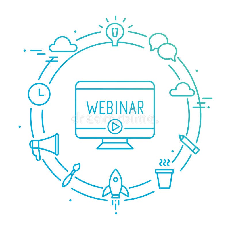 Komputer Otaczający konturu socjalny ikonami Webinar, Webcast, Livestream, Online wydarzenie ilustracja ilustracja wektor Komputer Otaczający konturu socjalny ikonami Webinar, Webcast, Livestream, Online wydarzenie ilustracja ilustracja wektor