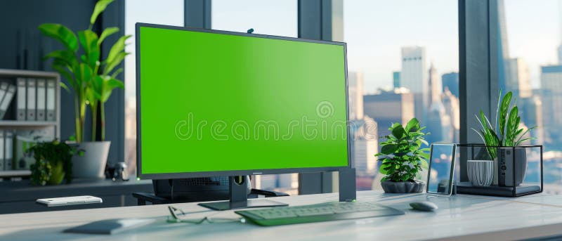 Komputer stacjonarny w nowoczesnym biurze biznesowym jest wyposażony w monitor komputerowy z zielonym wyświetlaczem chromowym. szk obrazy royalty free